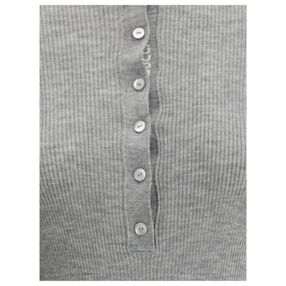 Gucci Gray Cashmere Top with button detailing, showcasing the ribbed structure and classic design of the elegant Gucci sweater.