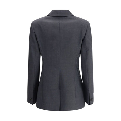 Back view of Gucci Gray Wool Clothing blazer with double-breasted design and spear lapels, highlighting classic and bold style.