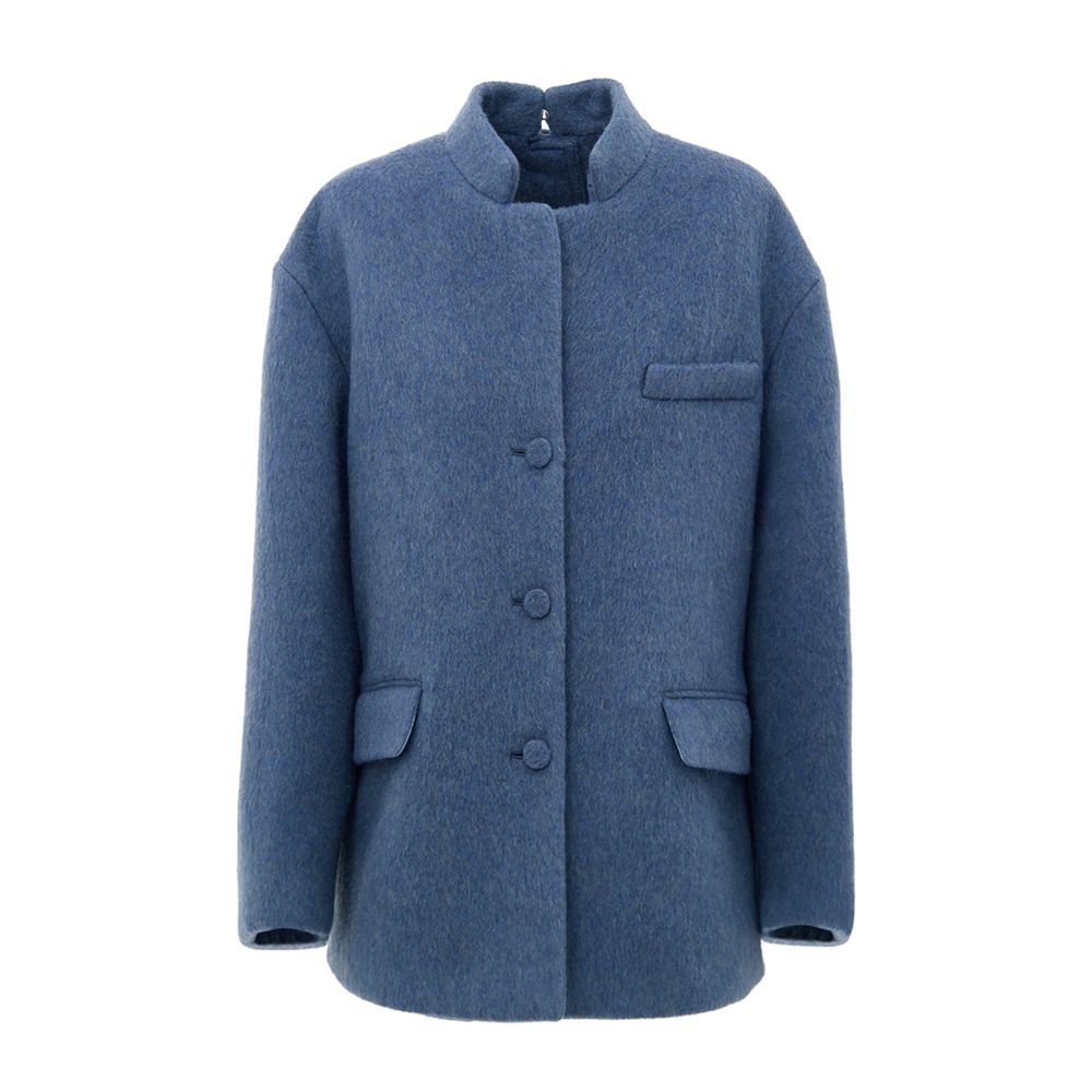 Gucci Light Blue Wool Jackets & Coat featuring semi-Korean collar, flap pockets, and Gucci logo button detail.