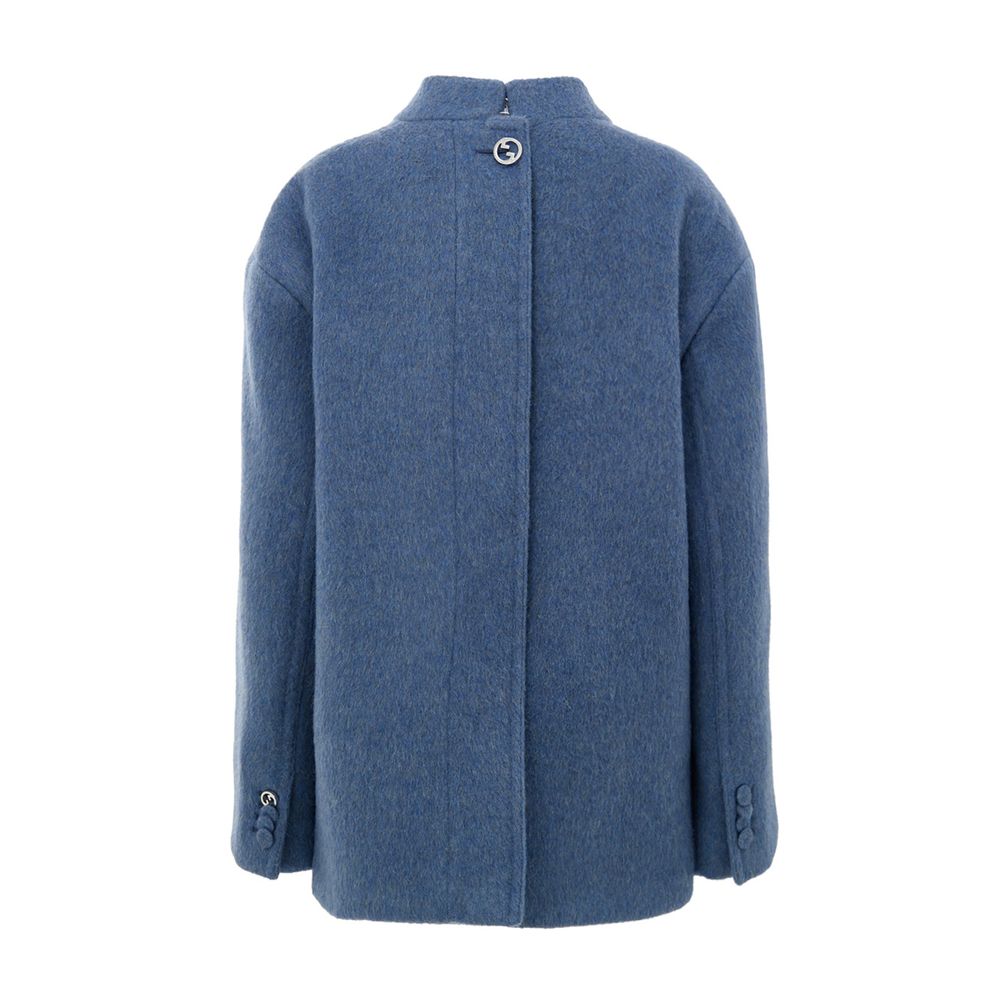 Back view of Gucci Light Blue Wool Jackets & Coat with button detail and Gucci logo.
