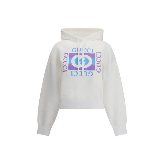 Gucci White Cotton Sweatshirt with vintage logo print, adjustable hood, and ribbed trim for a modern fit.