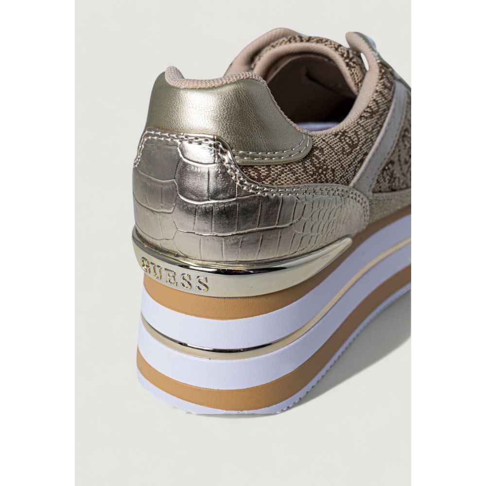 Close-up of Guess Beige Polyester Platform Sneakers with elevated sole and textured design.