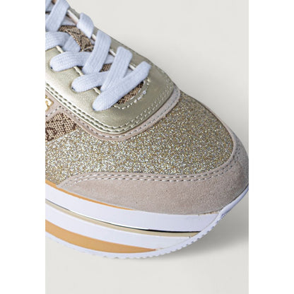 Close-up of Guess Beige Polyester Platform Sneakers showing glitter design and elevated sole for style and comfort.