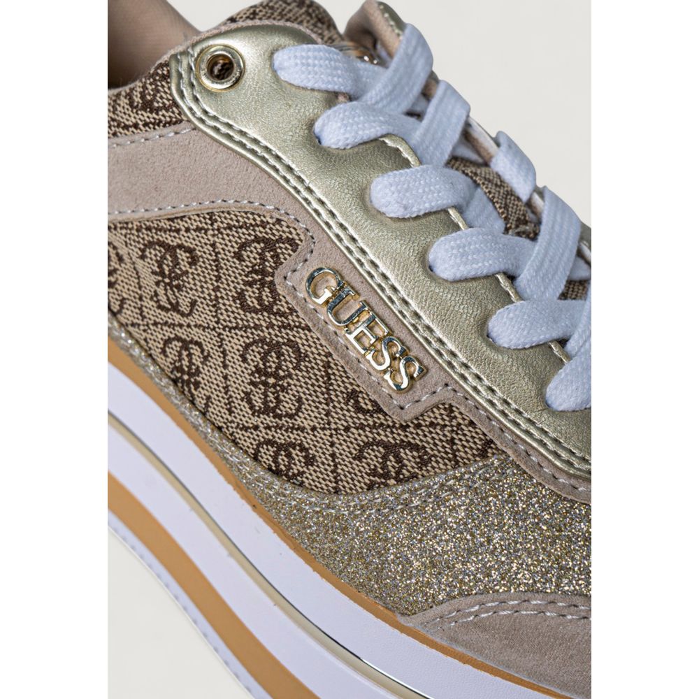 Guess Beige Polyester Platform Sneakers with elevated sole and elegant design for style and comfort.