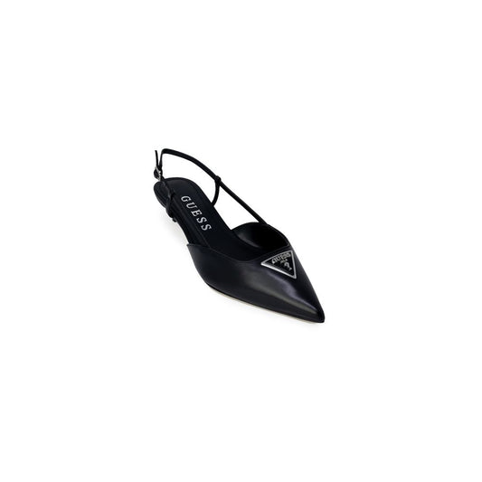 Guess Black Polyester High Heel slingback pump with pointed toe and metallic logo detail.