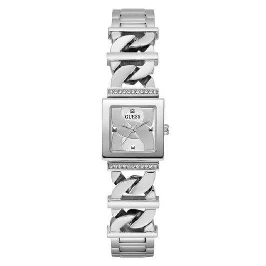 Guess Gray Stainless Steel Dress Watch with quartz mechanism, analog display, grey dial, and pressure closure.