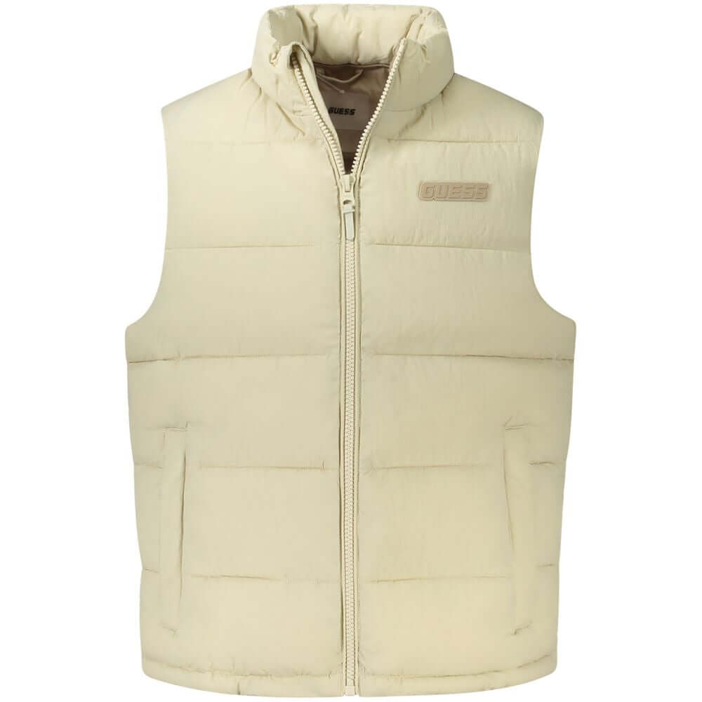 Guess Jeans Beige Polyamide Men Jacket, sleeveless and water-resistant, with iconic logo and practical pockets.