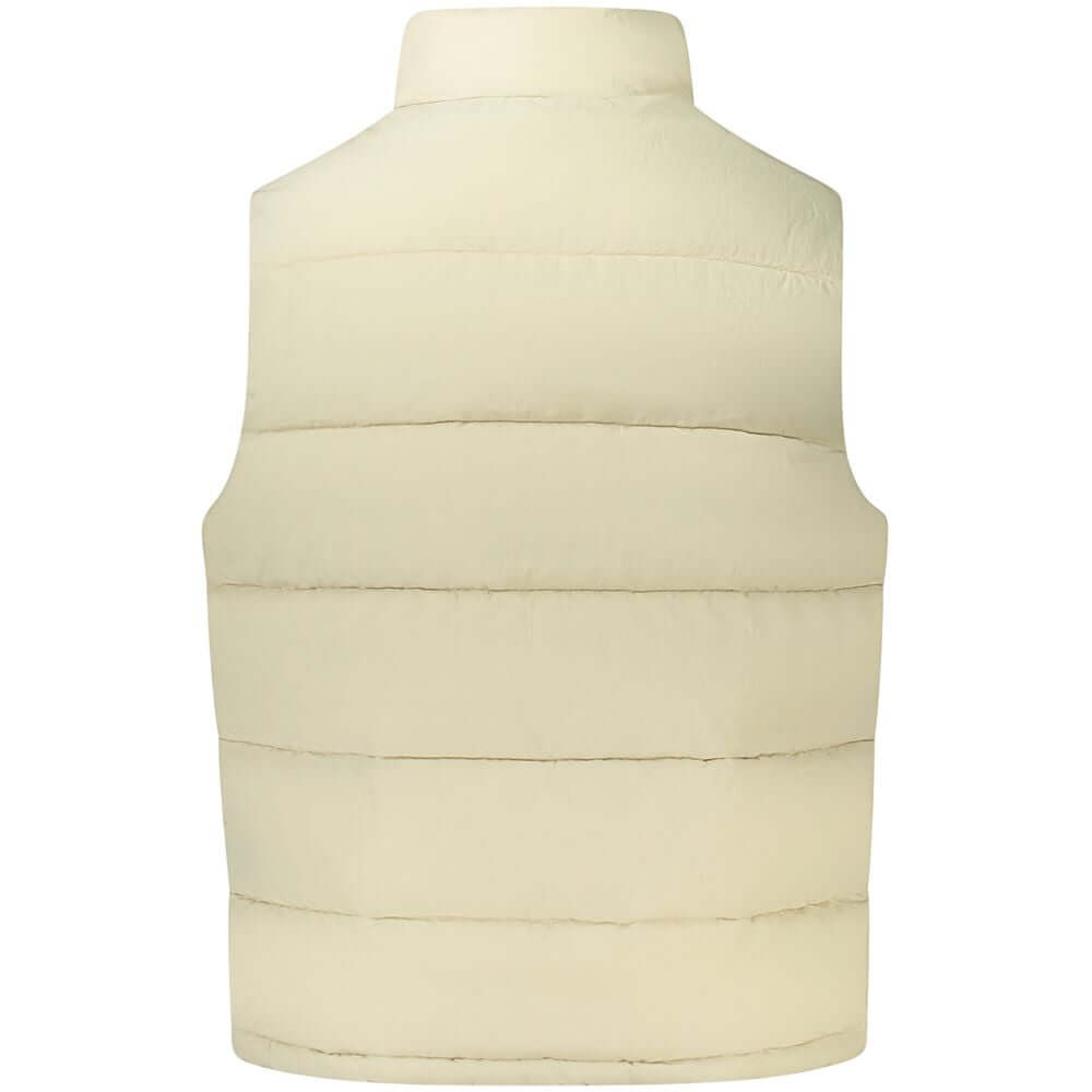 Back view of Guess Jeans Beige Polyamide Men Jacket showcasing sleeveless design and water-resistant fabric.