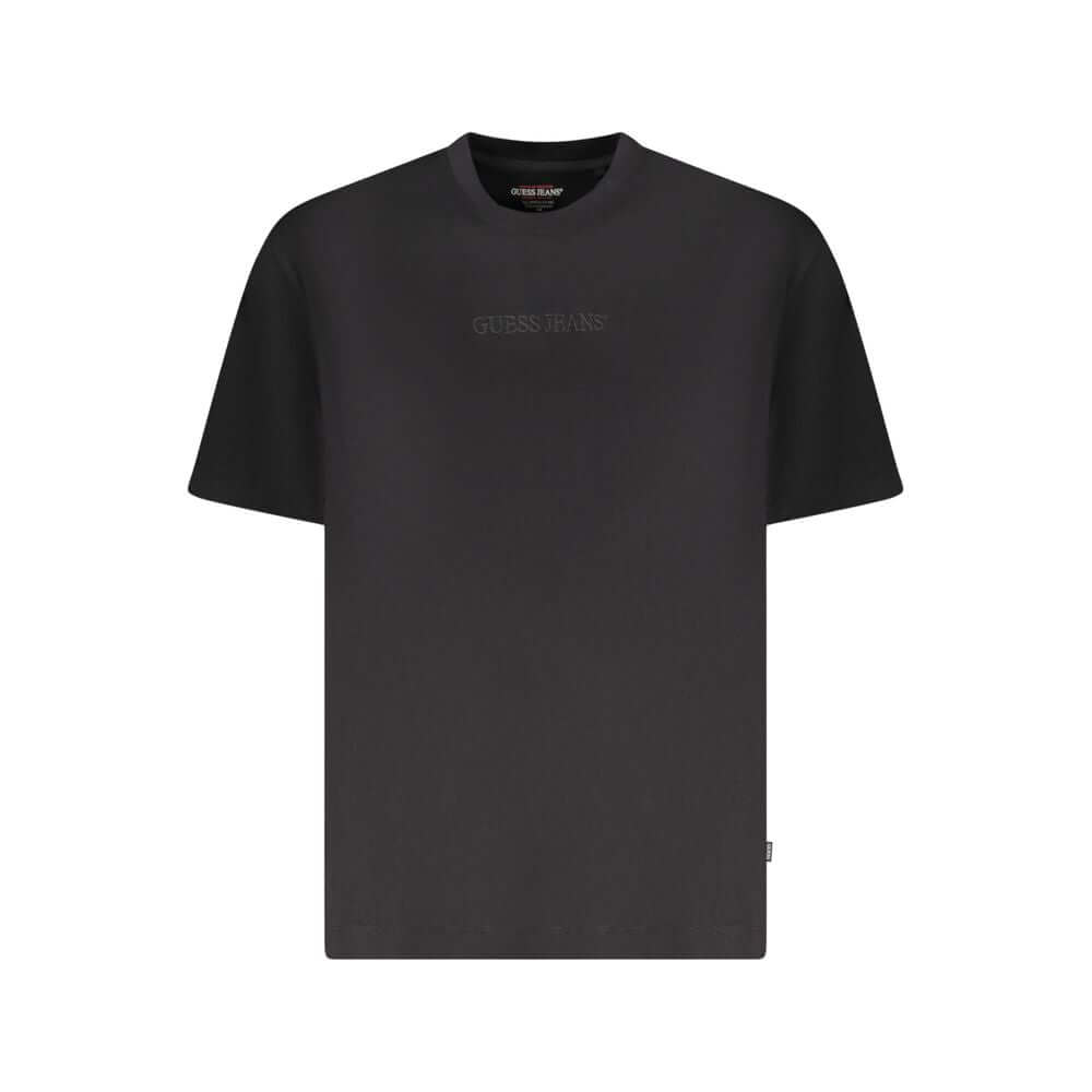 Guess Jeans Black Cotton Men Oversize T-Shirt with embroidered logo on front, featuring short sleeves and a crew neck for luxury casual wear.