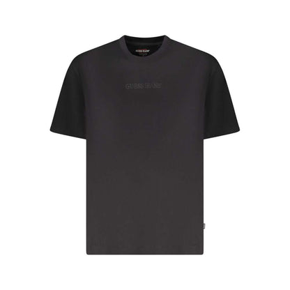Guess Jeans Black Cotton Men Oversize T-Shirt with embroidered logo on front, featuring short sleeves and a crew neck for luxury casual wear.