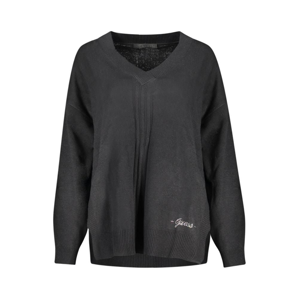 Guess Jeans Black Cotton Sweater - long-sleeved V-neck with contrasting details and logo.