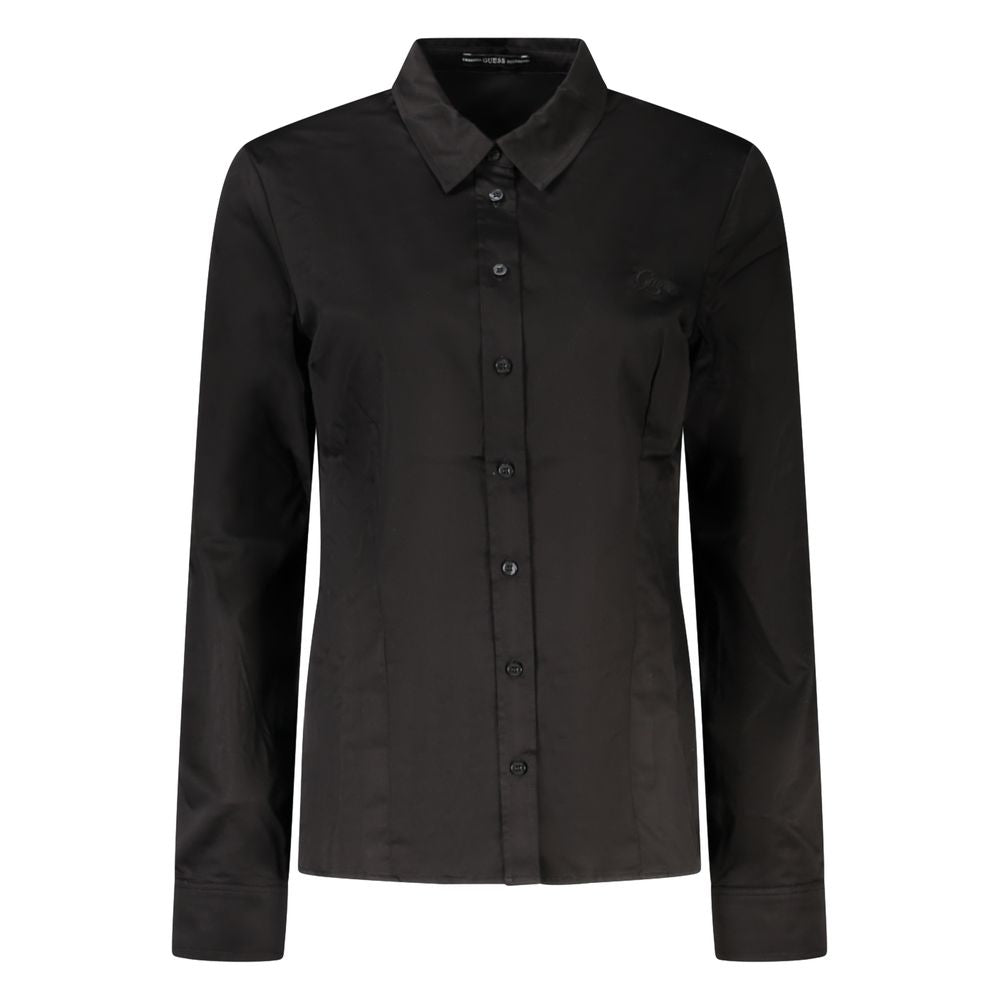 Guess Jeans Black Cotton Women Shirt with button-up design, long sleeves, and classic collar, crafted from organic cotton.