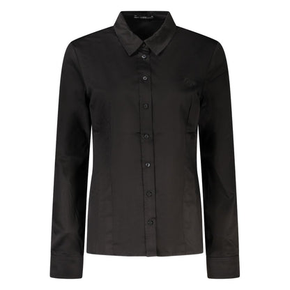 Guess Jeans Black Cotton Women Shirt with button-up design, long sleeves, and classic collar, crafted from organic cotton.