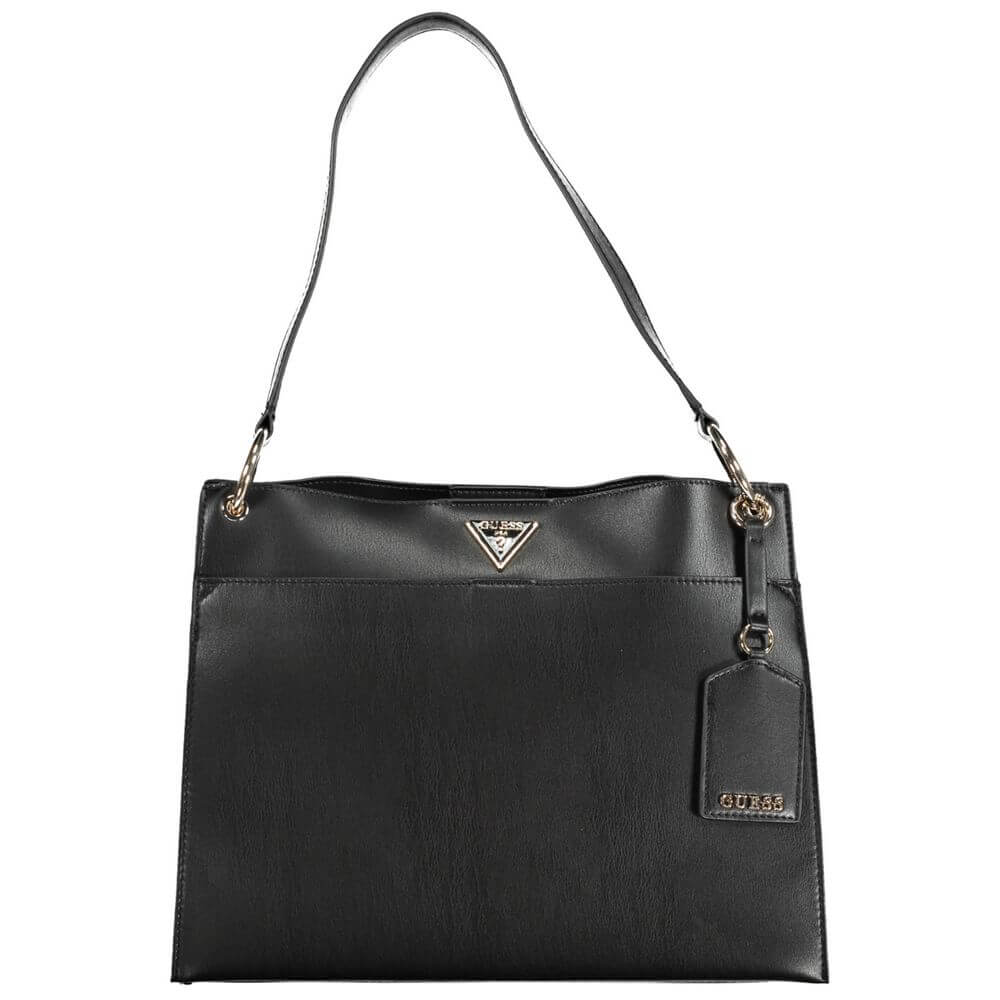 Guess Jeans Black Polyethylene Handbag with shoulder handle, 2 external pockets, and snap closure, featuring logo and contrasting details.