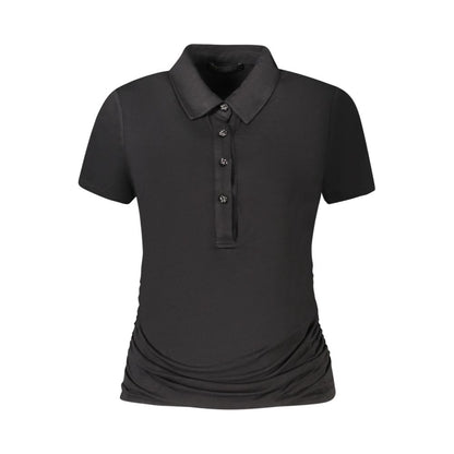 Guess Jeans Black Viscose Women Top with iconic logo, offering a flattering fit and chic style for trendy wardrobes.