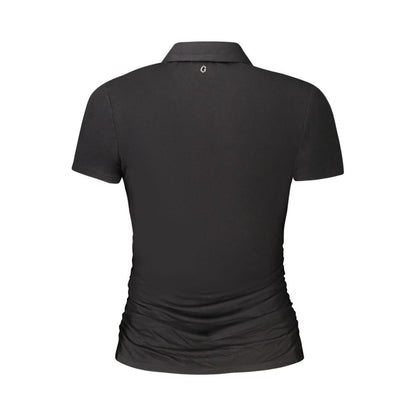 Back view of Guess Jeans Black Viscose Women Top with collar and short sleeves featuring sleek design for trendy style.