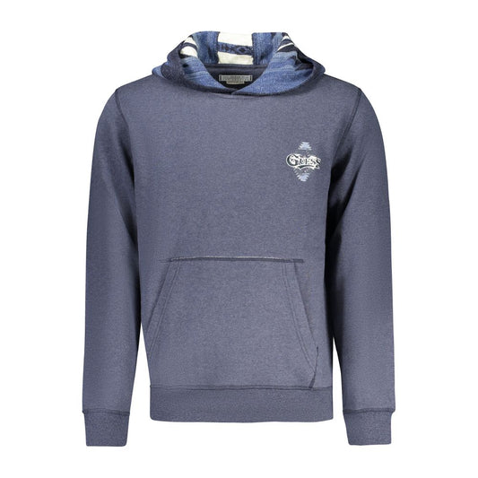 Alt Tag: "Guess Jeans Blue Cotton Men Sweater with hood and central pocket, showcasing signature logo and stylish design."