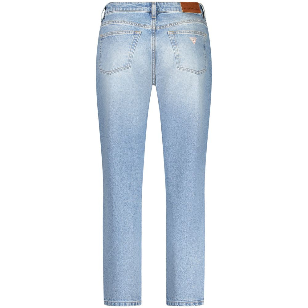 Back view of Guess Jeans Blue Cotton Women's Jean with washed effect, showcasing sleek design and five-pocket style for modern fashion.