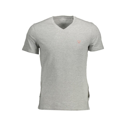 Guess Jeans Brown Organic Cotton Men T-Shirt, short-sleeve V-neck with Guess logo, crafted from 95% organic cotton for stylish comfort.