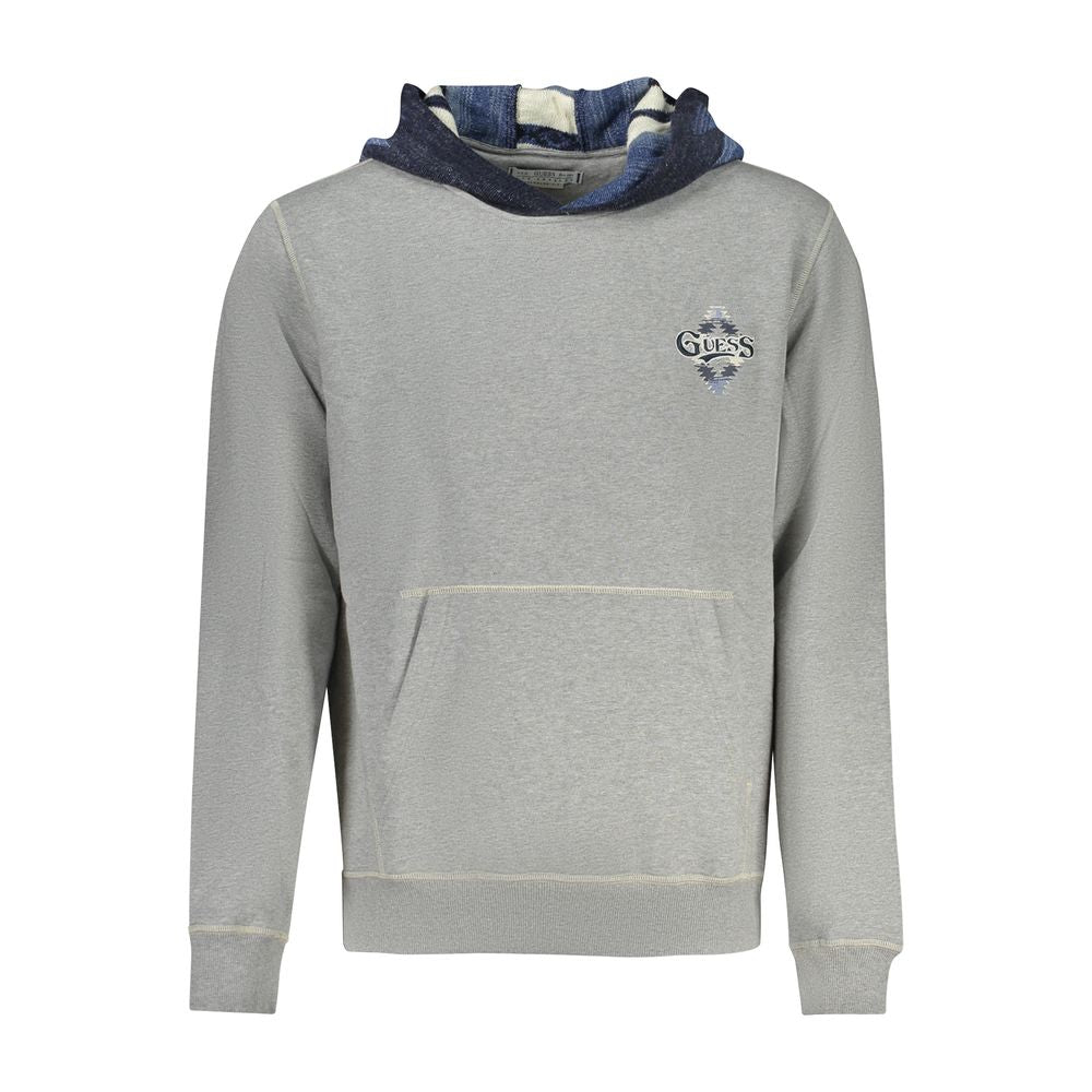Alt Tag: Guess Jeans Gray Cotton Men Sweater with hood and front pocket, featuring iconic embroidery logo, long sleeves, and striking print detail.