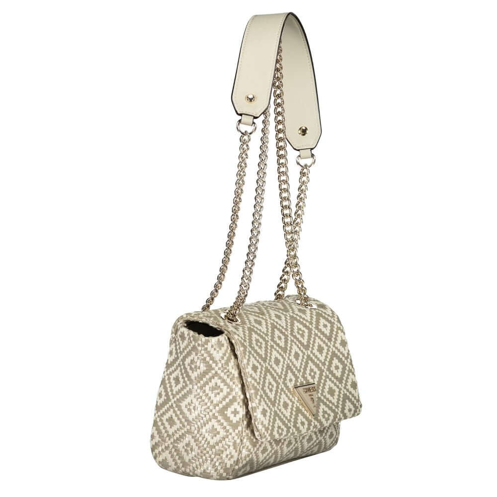 Guess Jeans Gray Polyethylene Handbag with chain shoulder strap, snap closure, contrasting details, and protective feet.