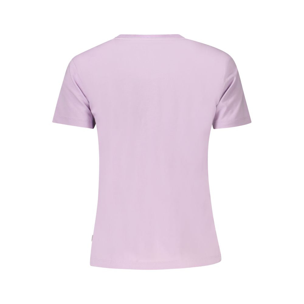 Back view of Guess Jeans Purple Cotton Women T-Shirt showing short sleeves and classic crew neck design.