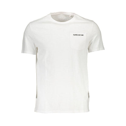 Guess Jeans White Cotton Men T-Shirt with logo and single pocket, crew neck design, crafted from organic cotton, showcasing minimalist style.