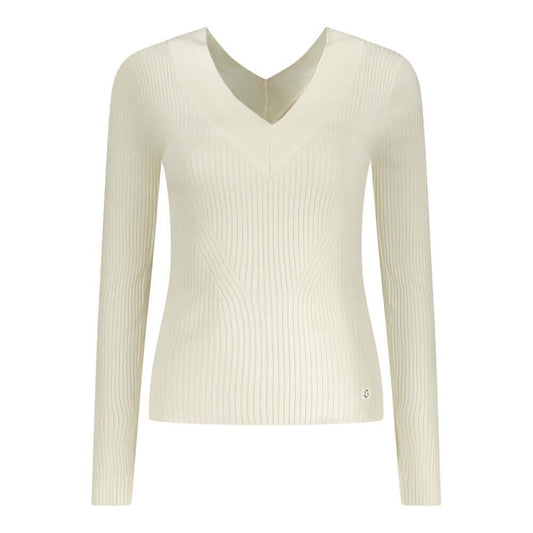 Guess Jeans White Viscose Sweater with long sleeves, V-neck, contrasting details, and logo design.