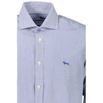 Harmont & Blaine Elegant Blue Organic Cotton Shirt with French collar and discreet logo, featuring contrasting cuffs and buttons.
