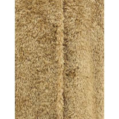 Close-up of Herno Beige Polyester Coat with fur texture, highlighting eco-friendly materials and minimal design.