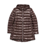 Herno Coats Brown: chocolate brown A-shape midi down jacket with high-shine finish, two-way zip, drawstring hood, and side zip pockets.