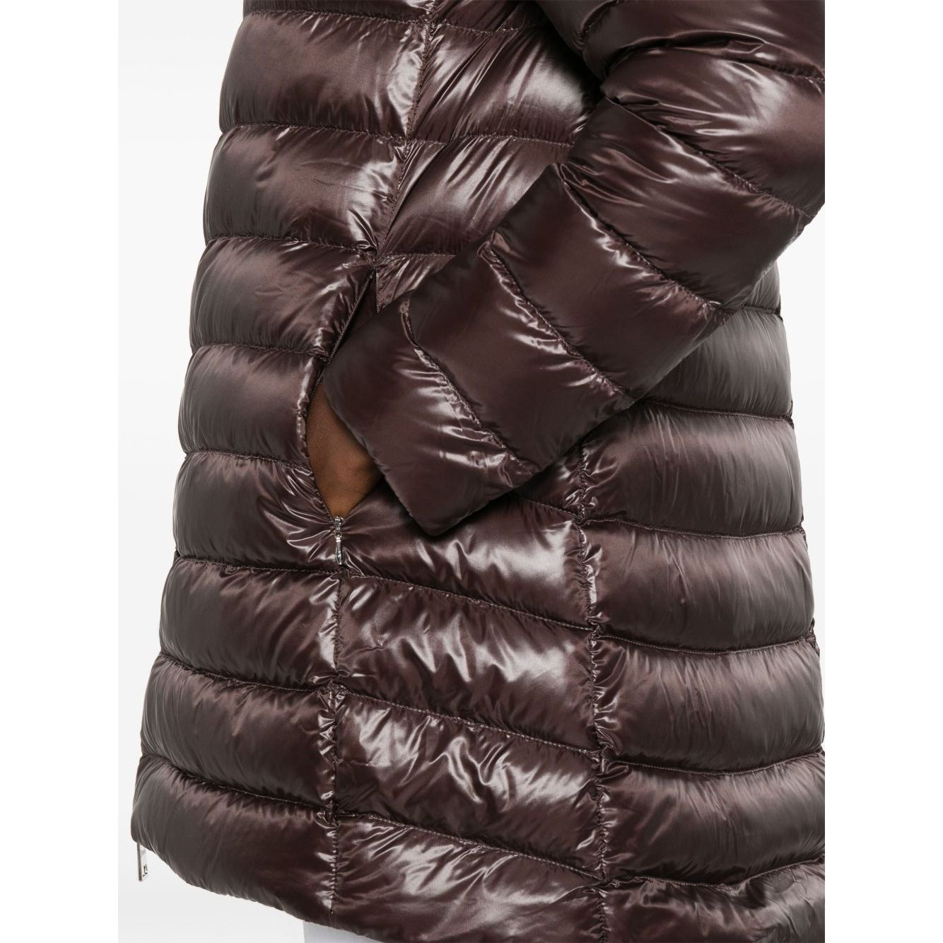 Herno Coats Brown high-shine A-shape midi down jacket with zip pockets and drawstring hood