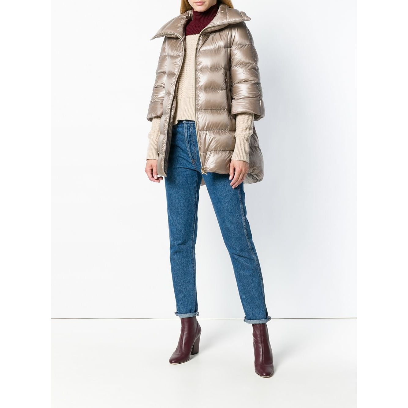 Herno Coats Dove Grey - Nude feather down padded zipped coat with elegant design, Cleofe midi style for fashionable winter wear.