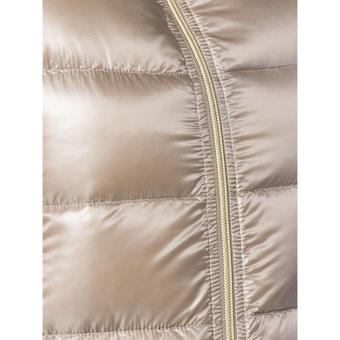Close-up of Herno Coats Dove Grey padded zipped coat with nude feather down.