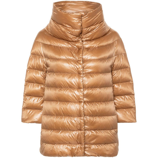 Herno Jackets Camel, camel brown quilted design with down-feather filling, stand-up collar, and front press-stud fastening.