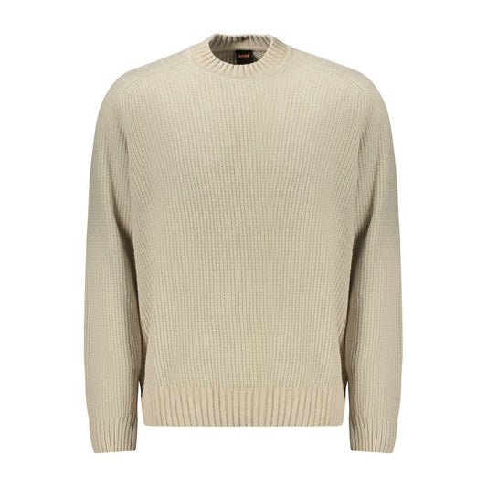 Hugo Boss Beige Cotton Sweater with long sleeves, crew neck, and chenille texture. Features iconic Hugo Boss logo.