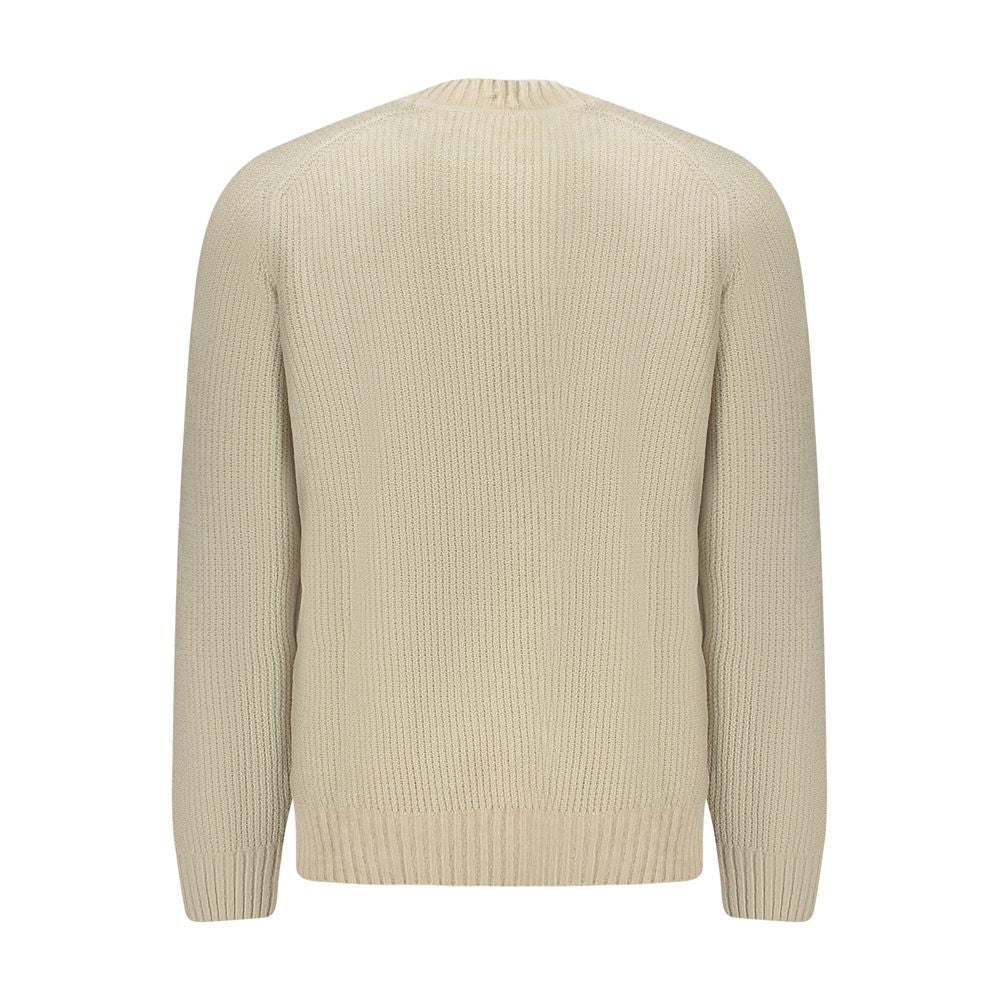 Hugo Boss Beige Cotton Sweater, long sleeve chenille, crew neck, back view showcasing ribbed texture.