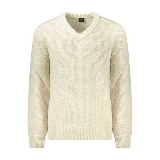 Hugo Boss Beige Wool Men Sweater with V-neck and contrasting details, exuding sophistication and style for confident individuals.