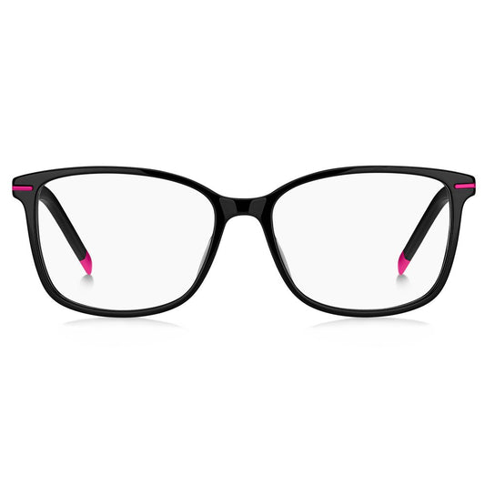 Hugo Boss Black Acetate Frames for women with fuchsia accent, lens size 55mm, bridge 16mm, temple 140mm.