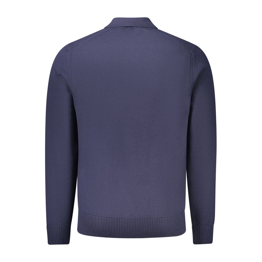 Hugo Boss Blue Wool Mens Sweater, back view showcasing luxury style with 60% wool for comfort and warmth.