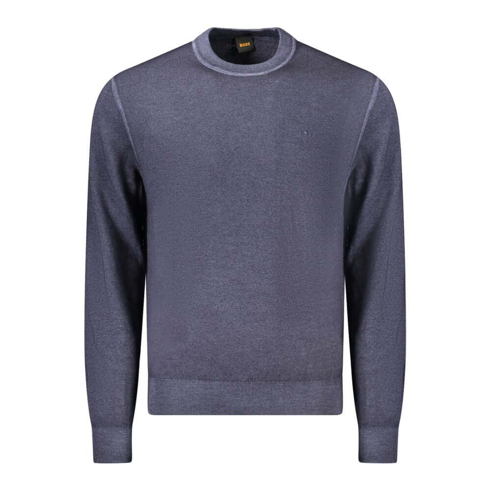 Hugo Boss Blue Wool Sweater with long sleeves, crew neck, and logo embroidery.