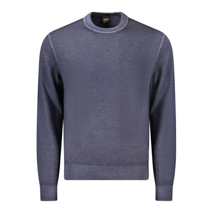 Hugo Boss Blue Wool Sweater with long sleeves, crew neck, and logo embroidery.