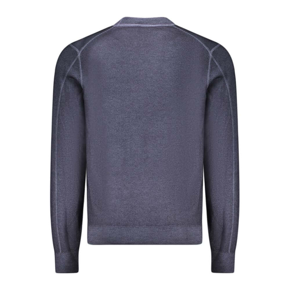 Hugo Boss Blue Wool Sweater with long sleeves, crew neck, and embroidery logo detail, back view.