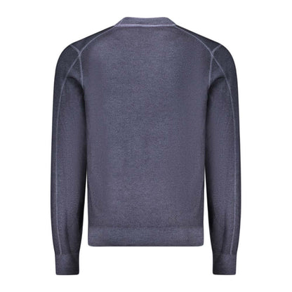 Hugo Boss Blue Wool Sweater with long sleeves, crew neck, and embroidery logo detail, back view.