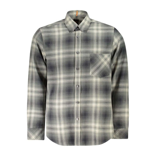 Hugo Boss Green Cotton Shirt, long sleeve, plaid pattern, button down collar, recycled cotton, perfect for stylish casual wear.