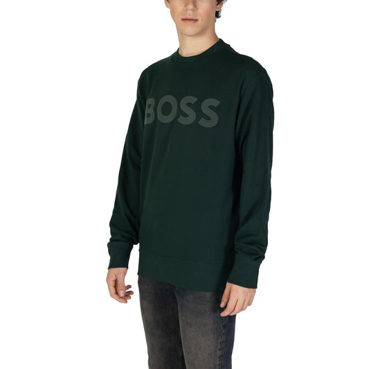 Hugo Boss Green Cotton Sweatshirt with logo, men's crew neck style, minimalist design for casual and refined fashion.