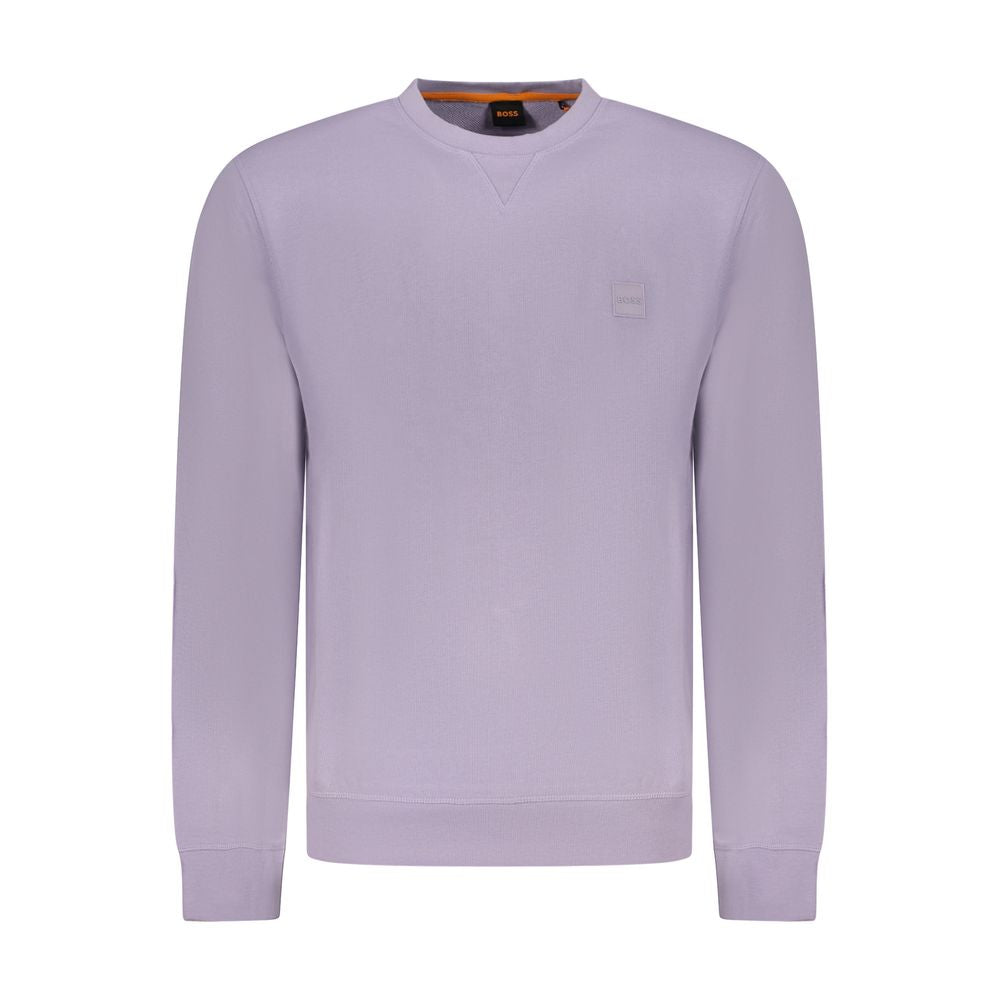Hugo Boss Purple Cotton Men Sweater featuring long sleeves and crew neck, showcasing elegance and comfort with logo embroidery details.