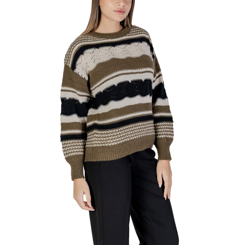 ICHI Green Recycled Polyester Sweatshirt with horizontal stripes and openwork knitting, worn by a model.
