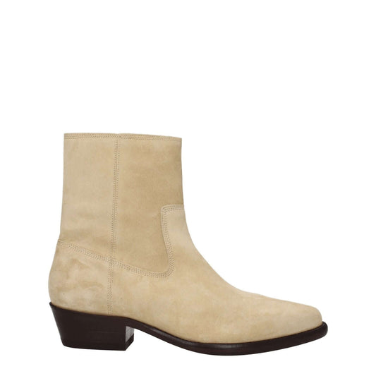 Isabel Marant Beige Leather Ankle Boots with pointy toe, zip closure, and mid heels. Casual style with suede finish and leather sole.