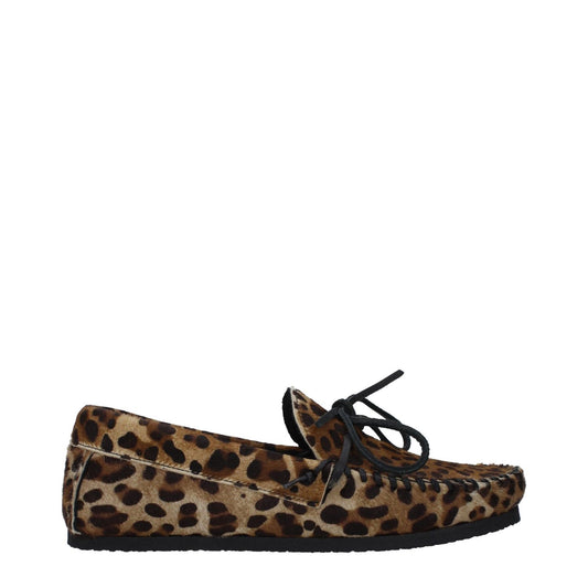 Isabel Marant Brown Horsehair Slip-On Loafers with leopard pattern, round toe, rubber sole, and front detail design.